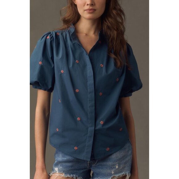 Mare Mare by Antropologie Puff-Sleeve Embroidered Blouse in Blue Size S - Picture 2 of 12